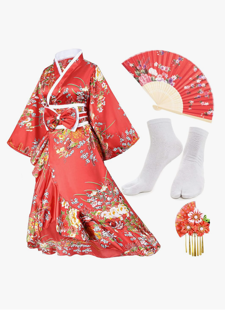 Women's Kimono Robe Geisha Yukata Sweet Tuxedo Ruffle Dress Blossom Satin Bathrobe Sleepwear Fans Tabi Socks Set, size -5XL