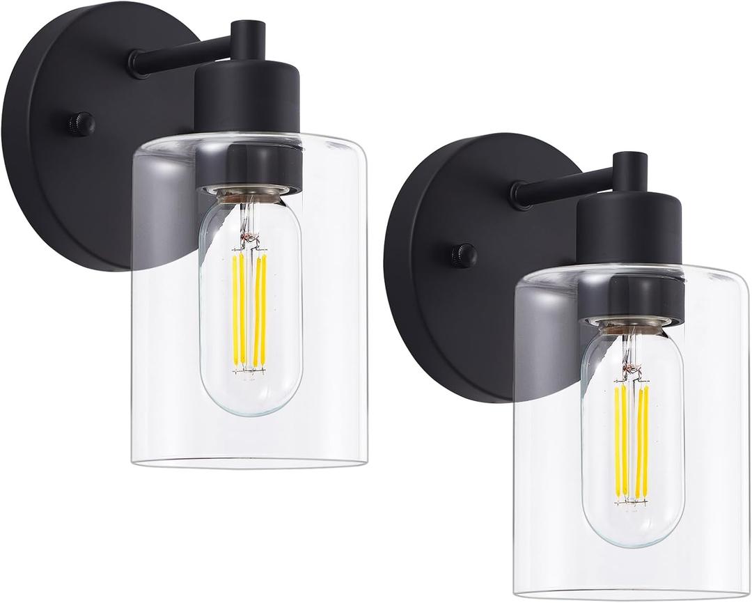 Wall Sconces for Bathroom, Modern Vanity Light Fixtures, Black Wall Mount Lighting Lanterns, Farmhouse Wall Lights with Clear Glass Shade for Bedroom Living Room Mirror Hallway Kitchen2PACK