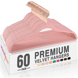 HOUSE DAY Pink Velvet Hangers 60 Pack, Premium Non-Slip Felt Clothes, Sturdy Heavy Duty Coat, Durable Hangers for Suits, Space Saving with No Hanger Mark, 360 Swivel Rotating Rose Gold Hook