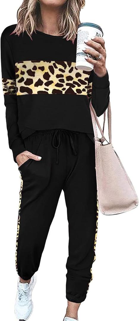PRETTYGARDEN Womens 2 Piece Sets 2026 Long Sleeve Tops High Waisted Sweatpants Lounge Set Fall Fashion Travel Outfits [Large, Leopard Black]