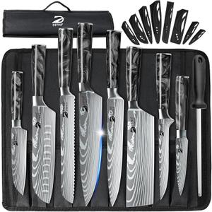 Dfito Chef Knife Sets with Roll Bag, 9 Pieces Professional Knife Set with Sharpener, High Carbon Stainless Steel Kitchen Chef Knife Set - Black Resin Handle, Dishwasher Safe, For Cooking, Chef Gifts