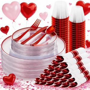 SUT 175 Pcs Red and Clear Plastic Dinnerware Set for 25 Guests, Include: 25 Dinner Plates, 25 Dessert Plates, 25 Pre Rolled Napkins With Silverware, 25 Cups, Disposable Plates for Party