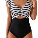 B2prity Women's One Piece Swimsuit Ruffle Cutout Bathing Suits Slimming Tummy Control V Neck Wrap Swimwear Black White Stripe, L