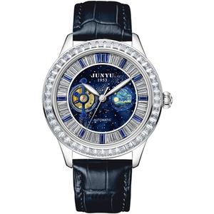 HUNRUY Mens Luxury Bling Diamond Tourbillon Automatic Leather Watches (Blue)