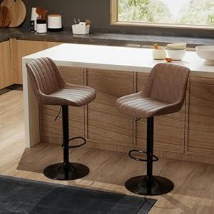 Youhauchair Bar Stools Set of 2, Swivel Counter Height Barstools with Back, Adjustable PU Leather Bar Chairs, Modern Armless Kitchen Island Stool, Brown