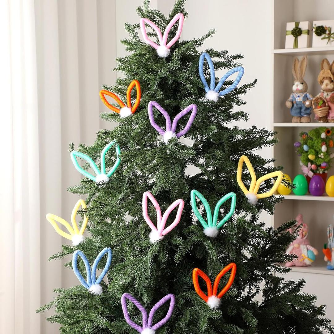 Suncalla 12 Pcs Easter Tree Decoration Large Bunny Ear Picks with White Pom Poms 9.8 Inch Colorful Easter Tree Topper Ornaments Signs Cute Rabbit Ears Picks Ornaments for Spring Party Vase Decor