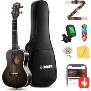 Donner Concert Ukulele Professional 23 Inch Mahogany Ukelele for Adult Beginner Ukele Bundle with Online Lesson Gig Bag Aquila String Pick Tuner Strap Cloth DUC-200D Dark
