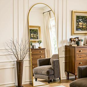 Full Length Mirror 58"x18" Arched Floor Mirror Freestanding Full Body Oversized Floor Free Standing Leaning Hanging Mounted Aluminum Alloy Frame Floor Mirror for Bedroom Cloakroom Living Room Gold