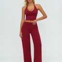 ABOCIW Womens Workout Sets 2 Piece Spaghetti Straps Crop Top Straight Leg Yoga Pants Yoga Pilates Outfits (Red, M)