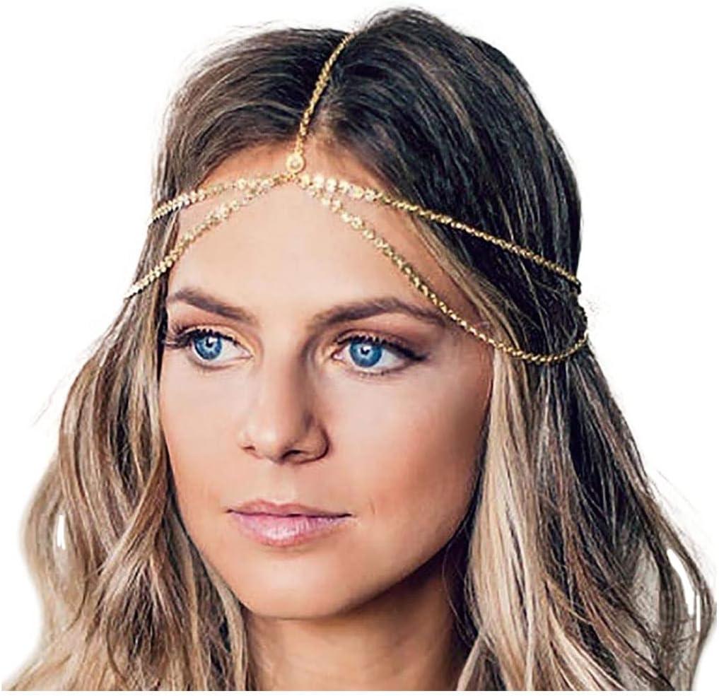Yean Gold Sequins Head Chain Bohemian Hair Jewelry Headpiece Forehead Band Festival Headband Accessories for Women