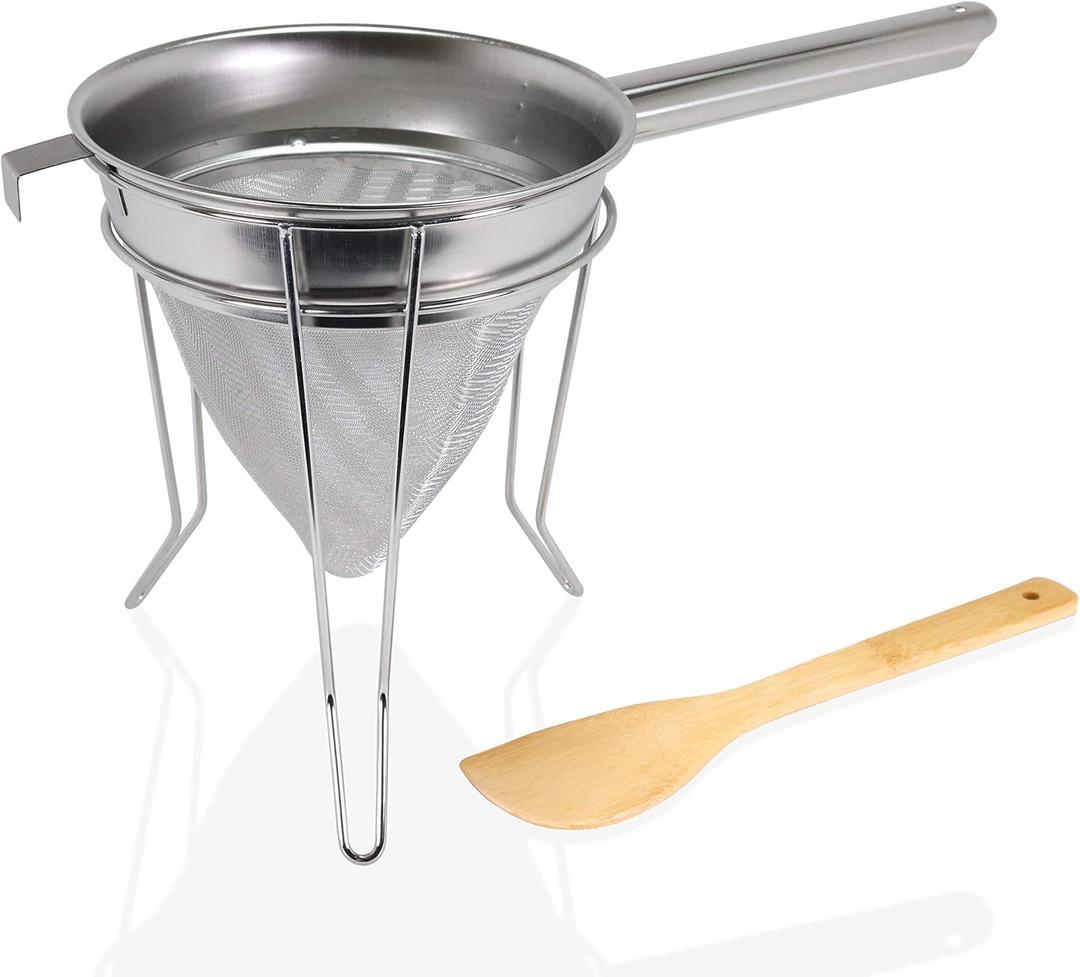 Anchy Premium 8" Chinois Fine Mesh Strainer Set with Stand & Bamboo Spatula 18/8 Stainless Steel China Cap Cone Sieve, Professional Bouillon Strainer for Sauces, Soups, Broth, Stock, Jelly & Purees