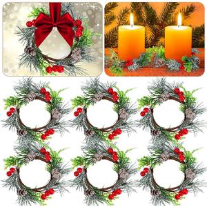 6 Pcs Christmas Candle Ring 4.7 Inch Mini Christmas Wreaths for Home Cabinets Artificial Berry Candle Rings with Pine Cones Small Wreaths for Home, Wedding, Christmas Holiday Table Decoration
