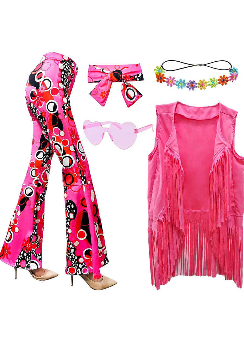 ATAMET 6 Pcs 60s 70s Hippie Costume Disco Outfits Fringe Vest Boho Bell Bottoms Peace Accessories Set Halloween for Women 3XL
