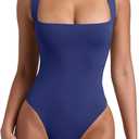 REORIA Butsmooth Womens Sexy Sleeveless Square Neck Double Lined Basic Bodysuit Tank Tops (Medium, Dark Blue)