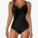 B2prity Women's Ruched Tankini Swimsuits V Neck Wrap Tie Back Two Pieces Bathing Suit Tummy Control Swimwear M