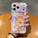 UEEBAI Flower Case for iPhone 17 Pro Max Case, Colorful Retro Oil Painting Girly Phone Cover Pretty Glossy Pattern Wave Cover Cute Sparkly Floral Curly Shell for Women and Girl, Pink Purple