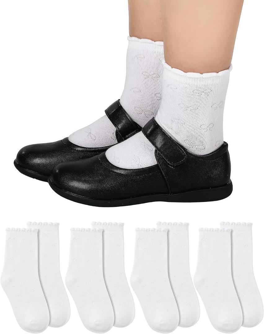 Shyyween 4 Pairs Girls White Ruffle Socks Kids Cotton School Uniform Dress Socks Crew Ankle Size 4-12 Years (White)