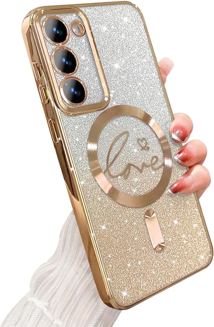 for Samsung Galaxy S23 Plus Case Magnetic,for Women Girl Soft Cute Luxury Love Heart Plating Bling Gradient Glitter Phone Case Compatible with MagSafe Clear Shockproof Back Cover 6.6-Gold