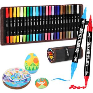 Pagather 24 Colors Acrylic Paint Markers, Dual Tip with Fine Tip and Brush Tip Pens for Stone, Wood, Calligraphy, Canvas, Ceramic, Metal, Glass, Rock Painting, DIY Crafts Art Supplies Kit