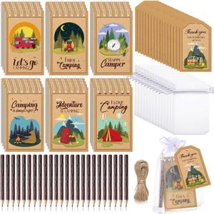Cholemy 24 Set Camping Party Favors Camp Adventure Theme Mini Journal Bark Pencils with Labels Organza Bags for Summer Camping Day Classroom Birthday Gift Decoration