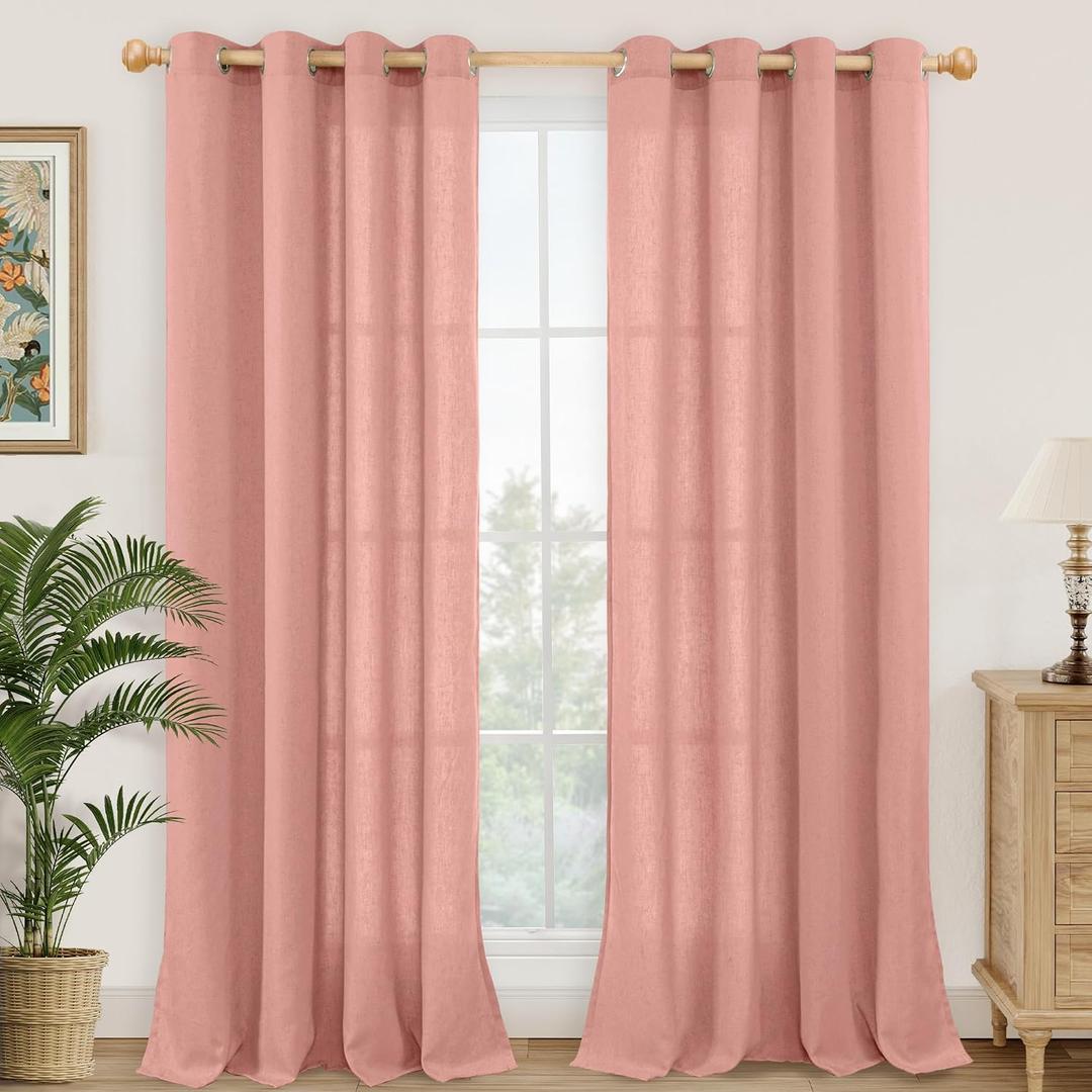 YoungsTex Dusty Rose Pink Linen Curtains 84 Inch Length for Living Room Spring, Blush Peach Semi Sheer Drapes with Grommet Light Filtering for Bedroom, 2 Panels, 52 X 84 Inch
