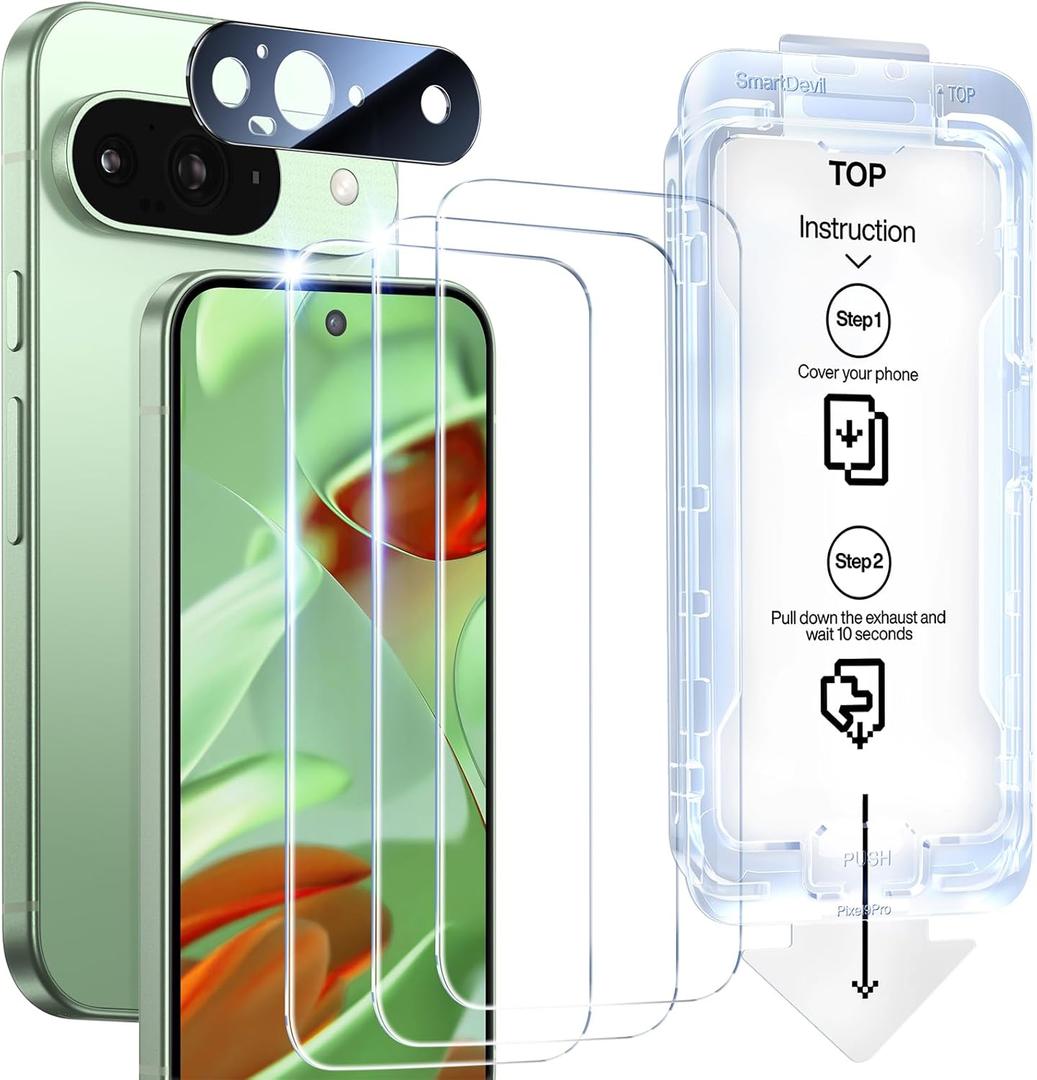 SMARTDEVIL [3+1 Pack] Tempered Glass for Google Pixel 9 Screen Protector With Camera Lens Protector , FingerPrint Reader Compatible, Clear 9H Tempered Glass Film, Fast & Easy Installation, Bubble-Free
