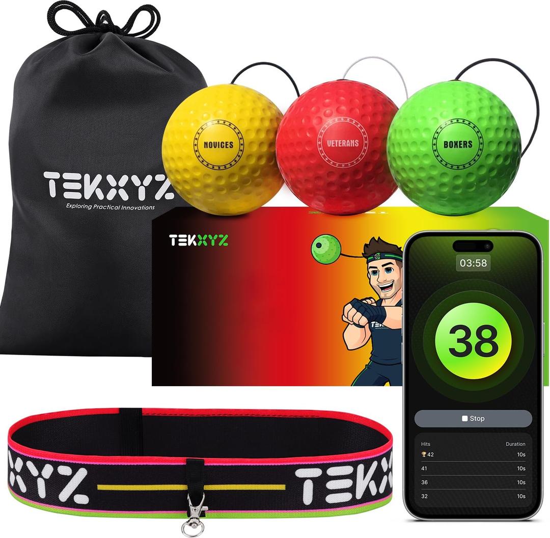 GlowFlex Reflex Ball with Counter App, Glow-in-the-Dark | TekXYZ Online Community for Boxing Ball, Ideal for Coordination, Stress Relief, Home Workouts & Fitness | Stocking Stuffer Gift for All Ages (Green/Red/Yellow)