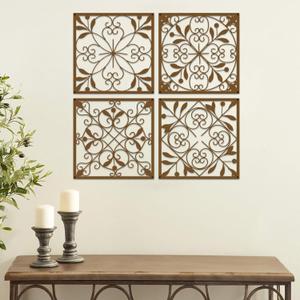 Resama 4 Pieces Rustic Wall Decor Farmhouse Wall Decor for Living Room Metal Hollow Carved Design Metal Decorative for Home Bedroom Kitchen Office (Brown,Square)