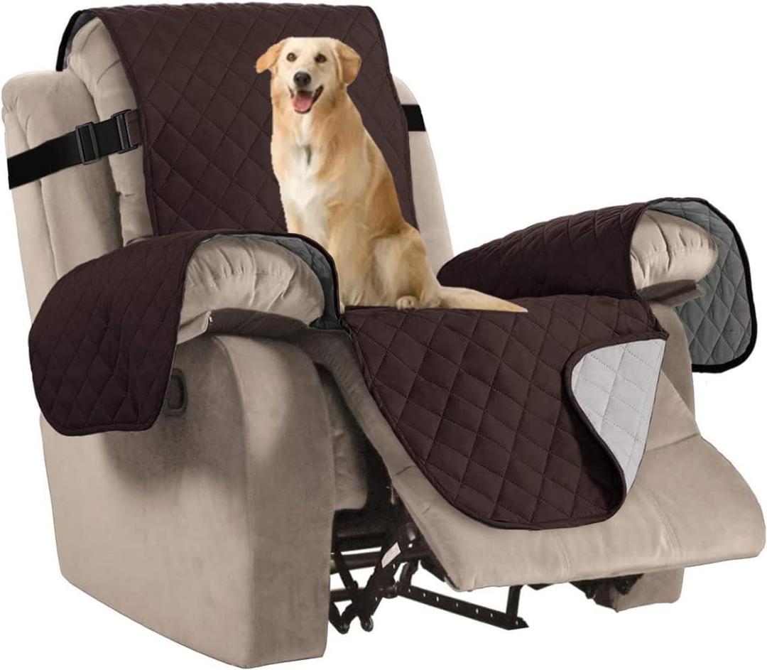 H.VERSAILTEX Reversible Quilted Recliner Covers Recliner Chair Cover Water Resistant Furniture Protector Washable Couch Cover with Elastic Straps for Kids, Pets (Recliner, Brown/Beige), 21"D x 22"W x 39"H