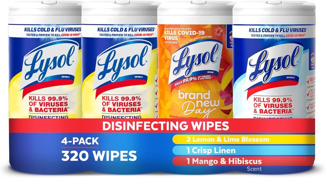 Lysol Disinfecting Wipes Bundle, Home Apartment Dorm Room Essentials and Cleaning Supplies, All Purpose Cleaner, Multisurface Cleaning Wipes, MultiScent Sanitizing Wipes Bundle, 80 Count (4pk)