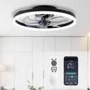 STERREN 20'' Modern Low Profile Ceiling Fan with Light, Bedroom LED Ceiling Fan with Remote Control, Bladeless Flush Mount Black Fan Lights Ceiling Fixtures for Living Room,Small Room, 19.7 inch