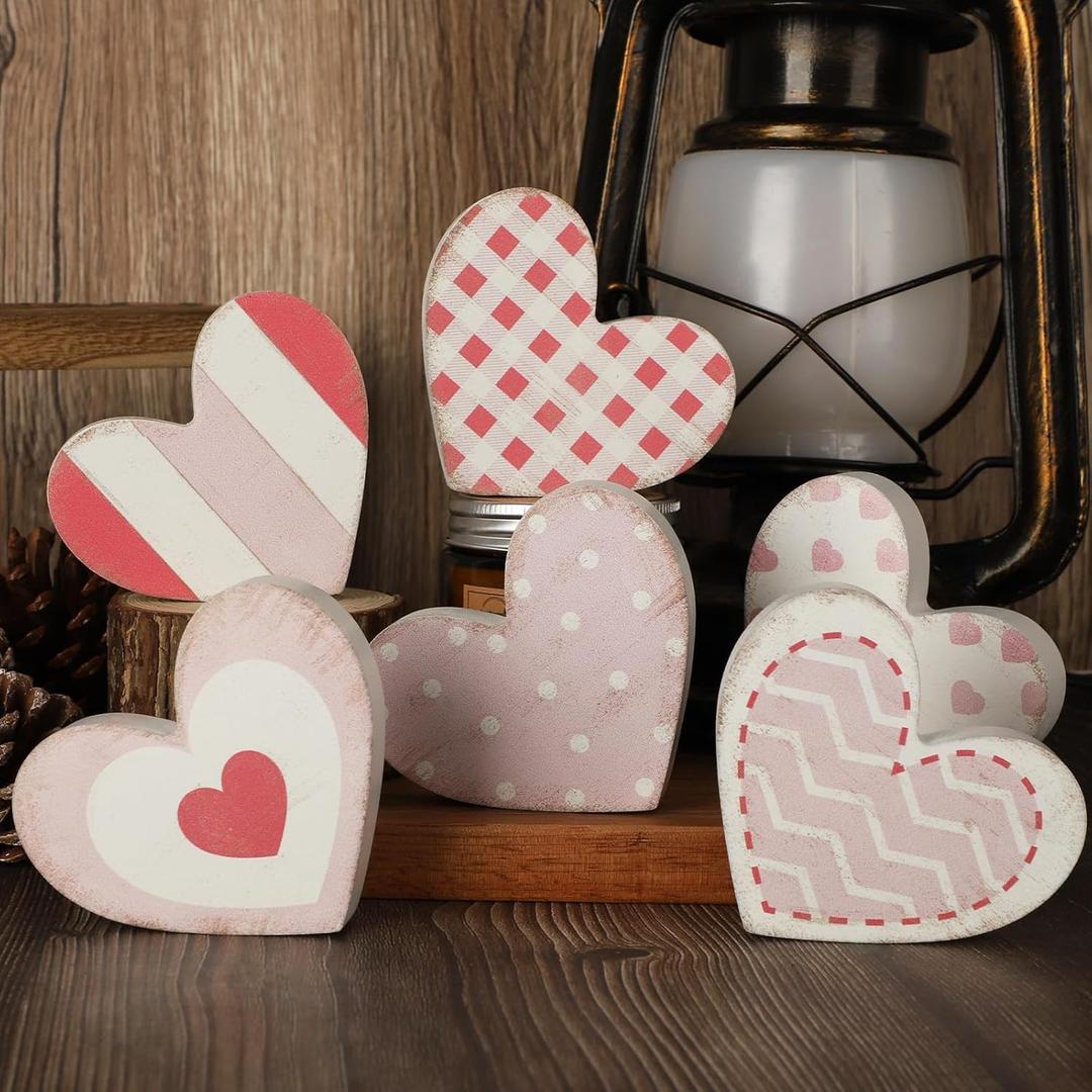 6Pcs Valentine's Day Wooden Hearts Tiered Tray Decor, Farmhouse Distressed Pink Heart Shaped Love Signs Table Decor for Home Office Tabletop