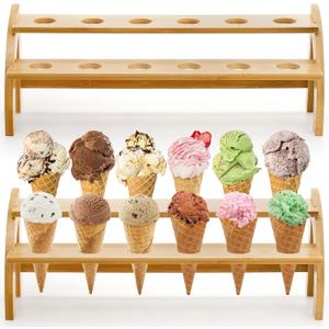 Peohud 2 Pack Bamboo Ice Cream Cone Holder, 12 Holes Waffle Cone Stand, 2 Tier Sushi Hand Roll Popcorn Display Rack for Wedding, Birthday, Buffet, Food Truck