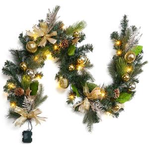 LinTimes 6 FT Pre-Lit Christmas Garland, Gold Lighted Xmas Garland with 20 LED Lights with Timer for Mantle Staircase Table, Winter Garland with Ribbon, Xmas Ball, Pine Cones, Star, Battery Operated