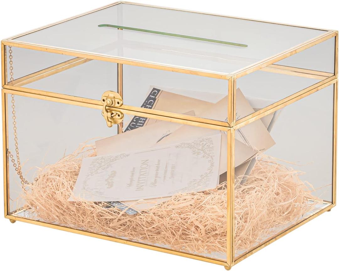 NCYP Large Glass Wedding Cards Box with Slot for Party Reception, 12" x 9.4" x 8.4" - Home Tabletop Clear Decor, Gold Centerpiece, Keepsake (No Lock, Glass Box Only)