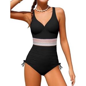 Doumlop Girls One Piece Swimsuits Color Block Girls Swimsuit V Neck Girls Bathing Suit Drawstring Girls' Swimwear, 15-16 Years