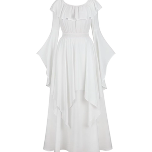 Womens Renaissance Costume Dress Medieval Long Sleeved Outfit Gown Irish Over Victorian Vintage Halloween XL White