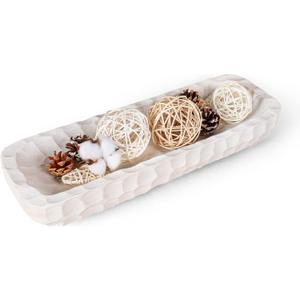 Decorative Bowl for Home Decor, Long Dough Bowl with Hand Carved Irregular Texture, Unique Table Centerpieces, Wooden Home Decor Accents for Farmhouse Boho Rustic Style(16.1"x 5.5" Washed White)
