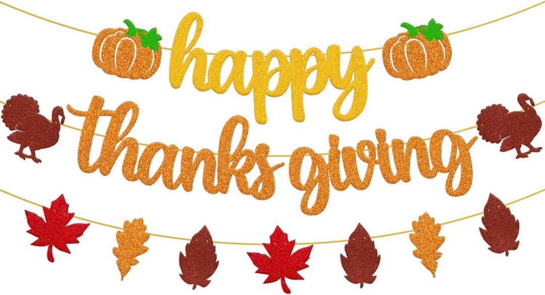 Happy Thanks Giving Banner Fall Leaves Garland Thanksgiving Day Autumn Turkey Theme for Happy Thanksgiving Party Glitter Gold Decoration