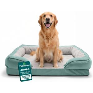 FurHaven Cooling Gel Dog Bed for Large Dogs, Comfort Sofa Bed with Cool Gel-Top Foam with a Solid Orthopedic Foam Base for Joint Support, Washable Cover, Jumbo XL, Plush & Velvet, Celadon Green.