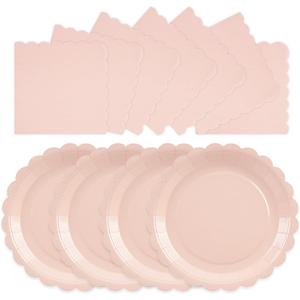 50PCS Pink Paper Plates and Napkins, 25 Guest Light Pink Disposable Tableware Set Include 7Inch Scalloped Paper Plates and Napkins Decoration Party Supplies for Birthday Wedding Baby Shower
