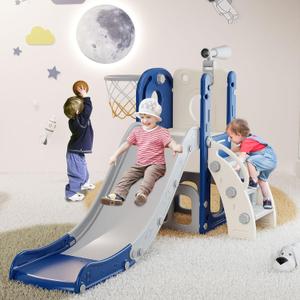 Babytronic Toddler Slide, 6 in 1 Kids Indoor Slide for Toddlers 1-3, Baby Indoor and Outdoor Climber Playset, Kids Slide with Basketball Hoop and Telescope, Toddler Outdoor Playground (Blue&Gray)