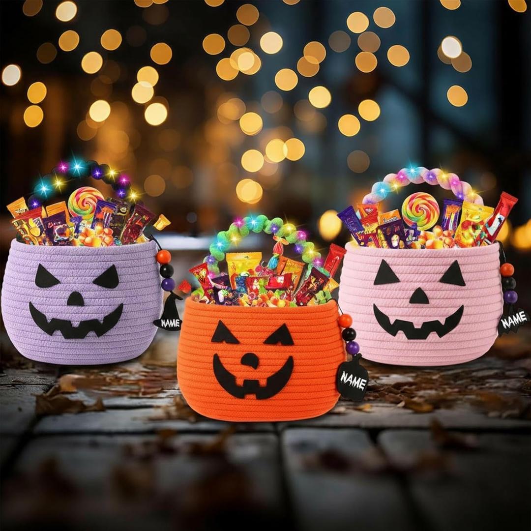 Zopeal 3 Pack Halloween Pumpkin Basket Trick or Treat Basket with LED String Lights & Wooden Ornaments Boo Spooky Small Bags Jack O Lantern Bags for Girls Boys Kids Party Favor Halloween Party(Pink)