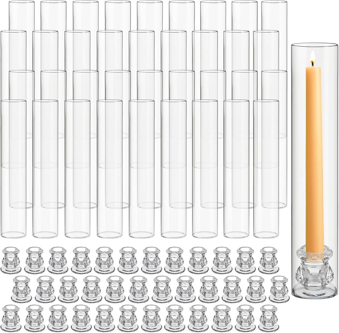 36 Set Glass Hurricane Candle Holders Bulk 12.6" Open Ended Glass Candleholder Tube Shape Bottomless and 2.2" Taper Clear Candlestick Holders for Valentines Wedding Table Centerpiece (Clear)