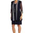R&M Richards Women's Evening Jacket Dress W/Sparkling Metallic Trim & Necklace, Size: 14