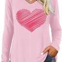 Valentine V Neck Shirt for Women Cute Love Heart Long Sleeve Casual Tee Tops (Pink, L)