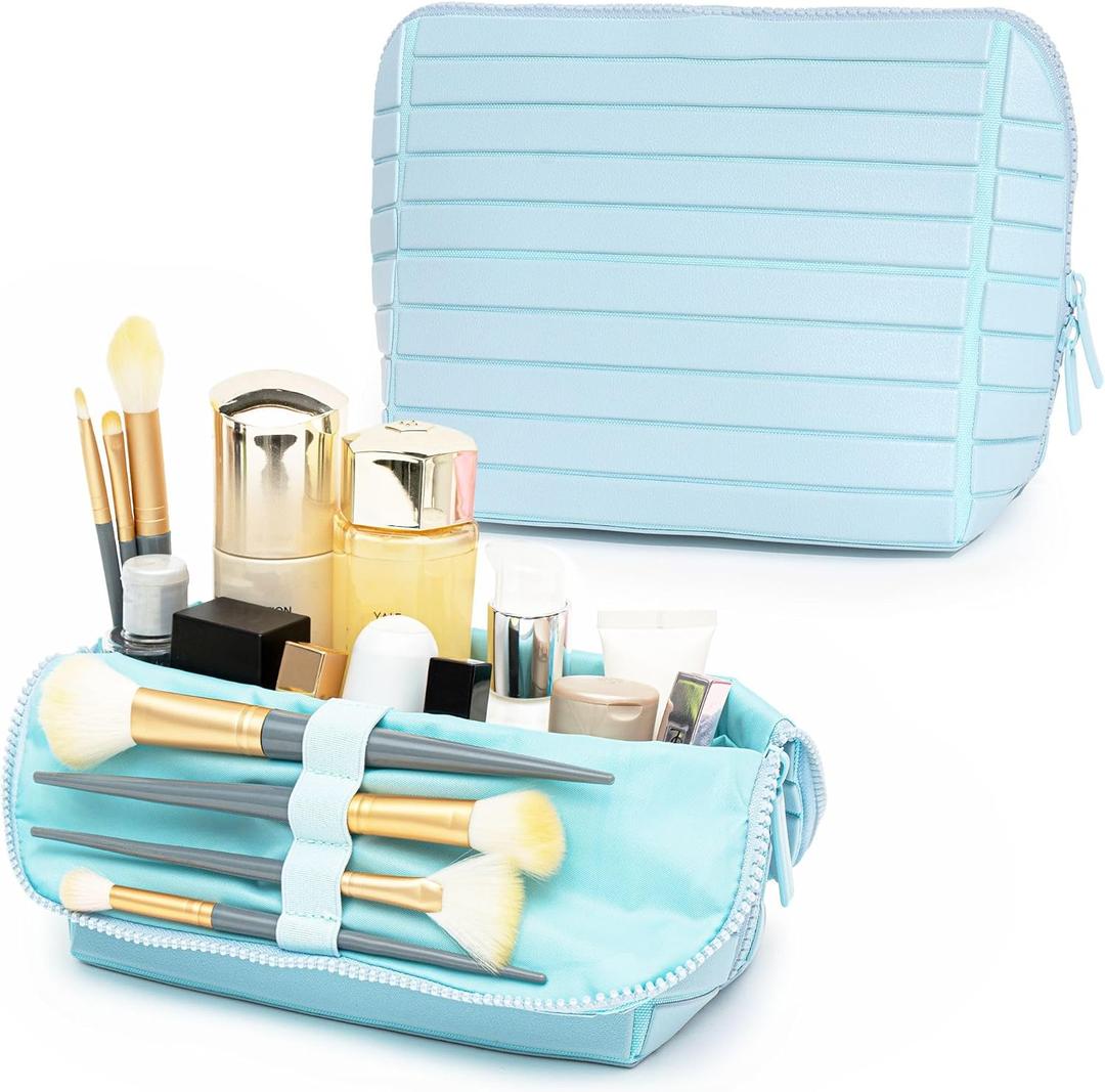 Minoisome Travel Makeup Bag,PU leather toiletry bag,make up organizer case for women,Large Capacity Cosmetic Bag,Wide-open Pouch PurseToiletries AccessoriesFold-Down Design and Adjustable Dividers.