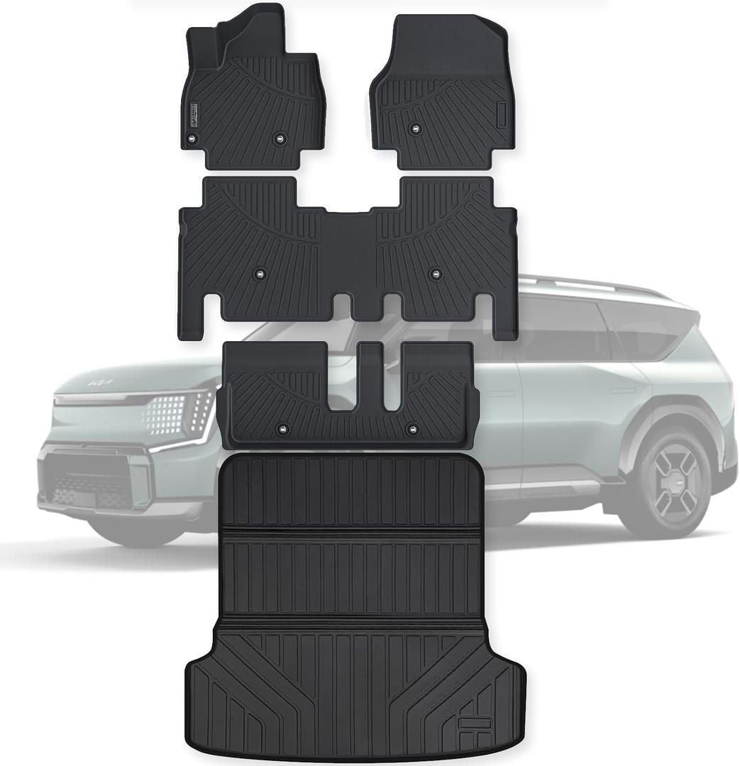 Floor Mats & Large Trunk Mat for 2024 2025 KIA EV9 7-Seats-2 Row Bench SeatNot Fit for 6-Seats, TPE All Weather Protection 3 Rows Full Set Car Floor Liners with Cargo Liner (Foldable)