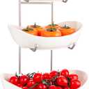 3 Tier Fruit Basket for Kitchen Counter, Silver/White Ceramic Fruit Bowl for Countertop, Home Fruit Rack with Holder, Vegetable Bowl Snacks Nuts Bread Candy Storage (White)