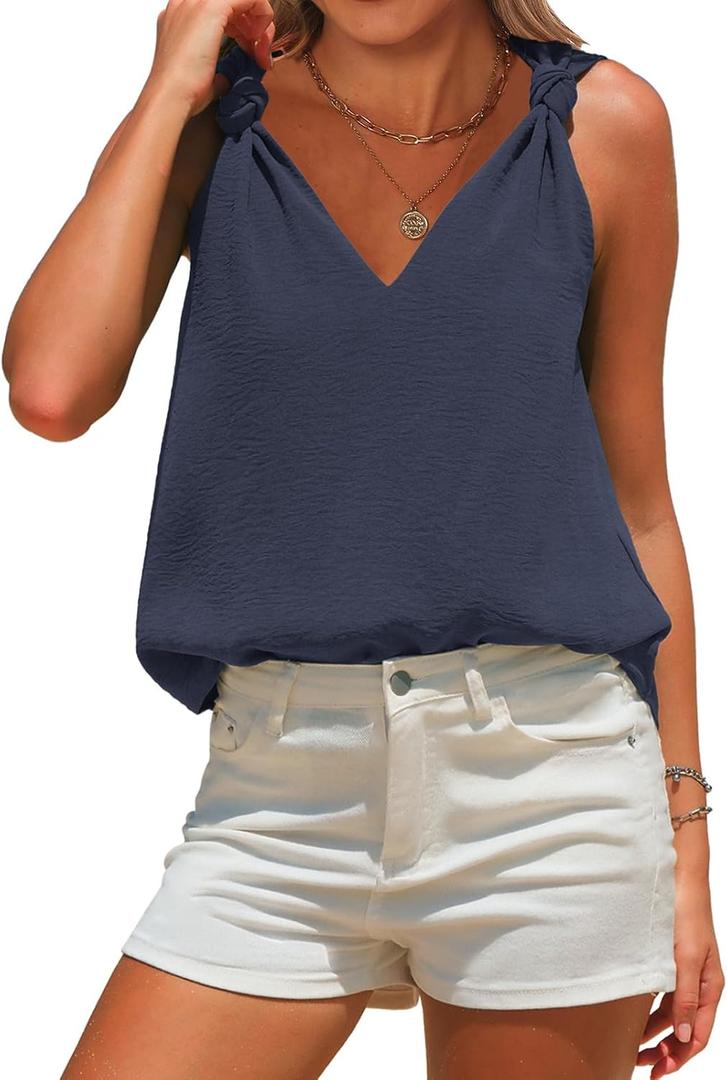 EXLURA Womens Summer Tank Top Business Casual V Neck Knotted Sleeveless Blouses Fashion Trendy Dressy Work Shirt Outfits 2026 (Blue), M